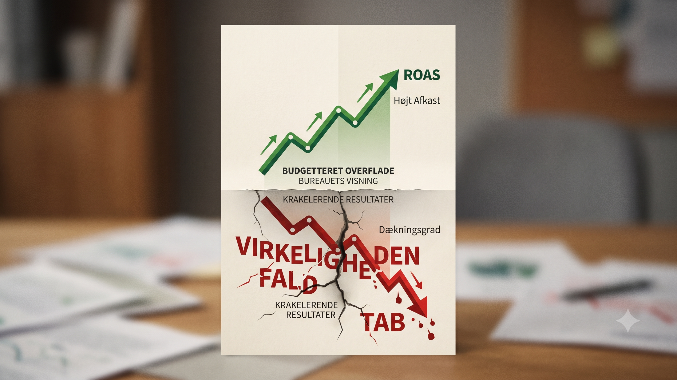 En grøn, flot ROAS-graf i toppen, der dykker ned i en rød, faldende dækningsgrad i bunden