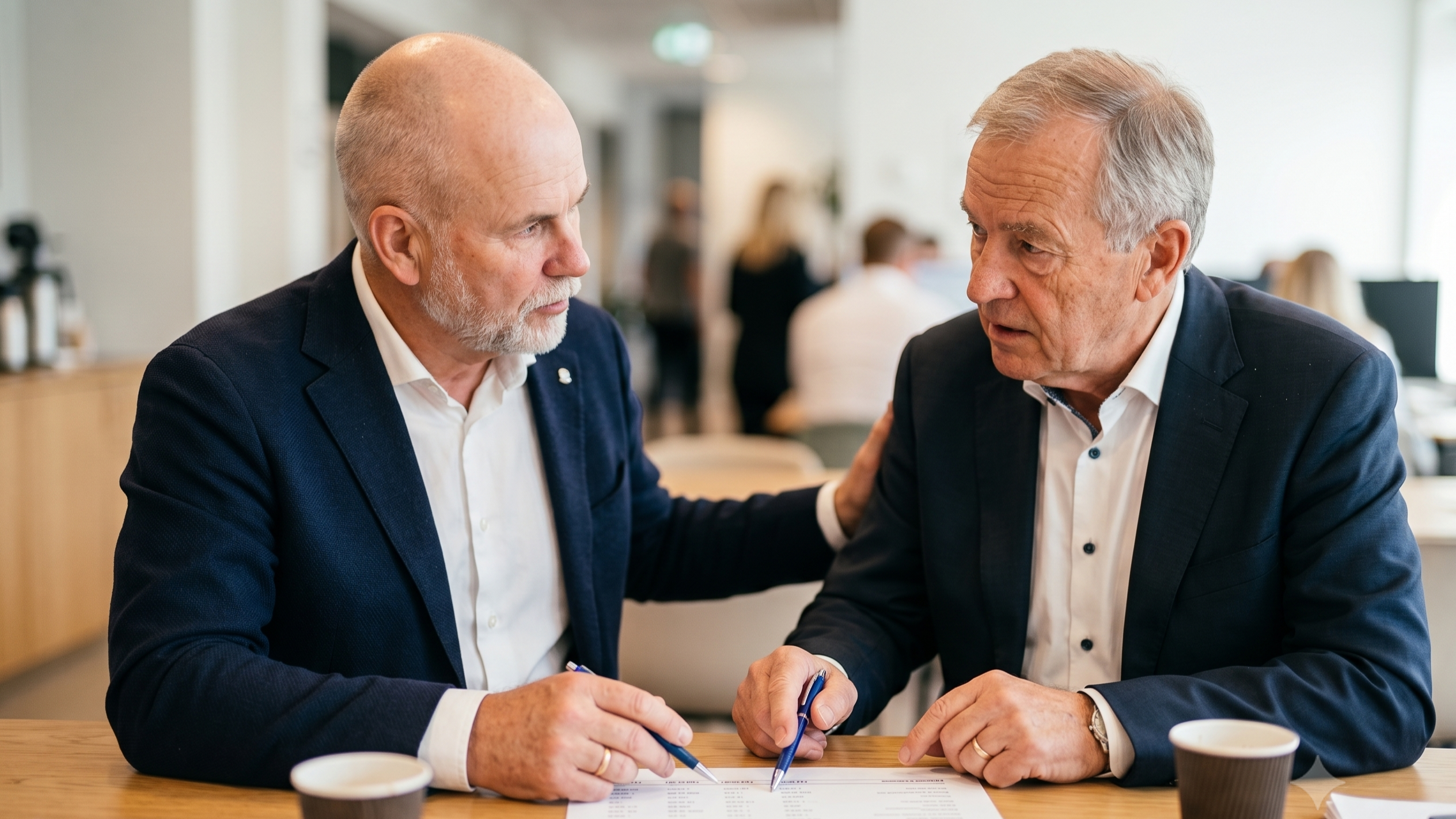 Alvdahl i en uformel samtale med en ejerleder hen over et enkelt printet stykke papir eller en P&L-rapport